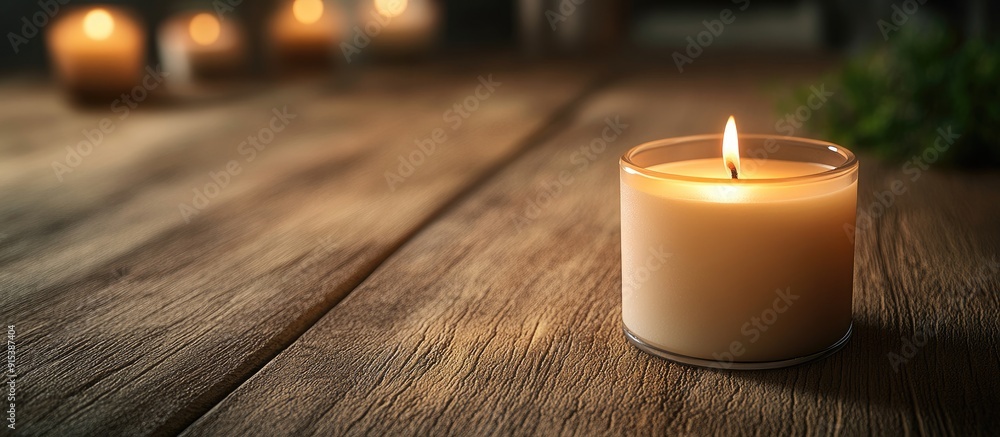 Leinwandbilder close up of a spa candle on a wooden surface. with copy space image. place for adding text or design