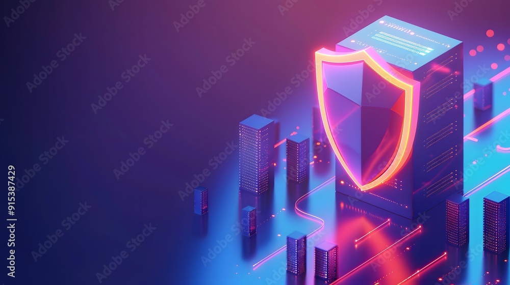 Poster cyber security technology concept with a glowing shield and digital elements representing data prote