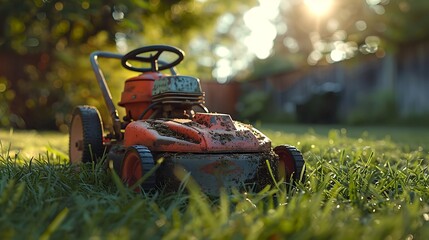 A picturesque scene of an antique lawnmower on a well-maintained lawn, showcasing its rustic charm and weathered metal, rich green grass, bright sunny day, nostalgic and serene ambiance, hd quality,