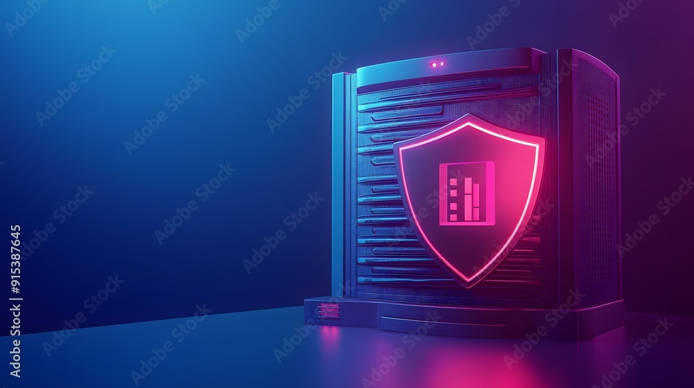 Poster cybersecurity concept featuring a server with a glowing shield icon, representing data protection an