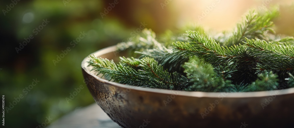 Poster Close up image of a metal bowl filled with freshly gathered tips of a coniferous tree in spring. with copy space image. Place for adding text or design