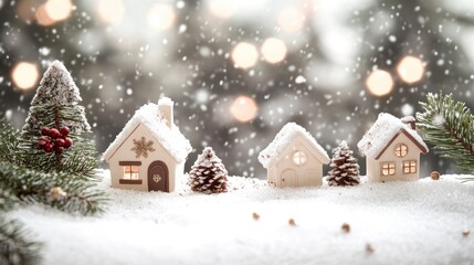 Snowy landscape with Christmas decorations, space for text.