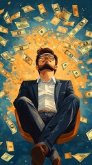 Man Sitting in Chair Surrounded by Money.