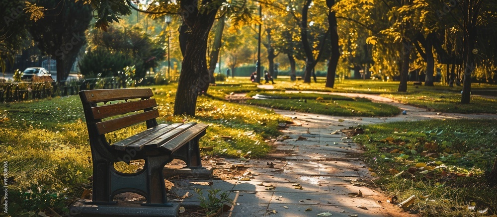 Poster a bench commonly seen in various public parks. with copy space image. Place for adding text or design