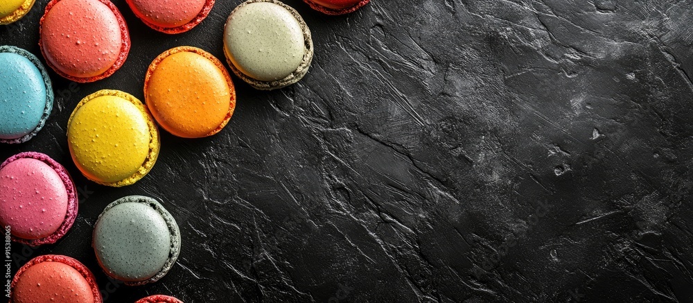 Poster colorful macaroons on a textured black background text copy space