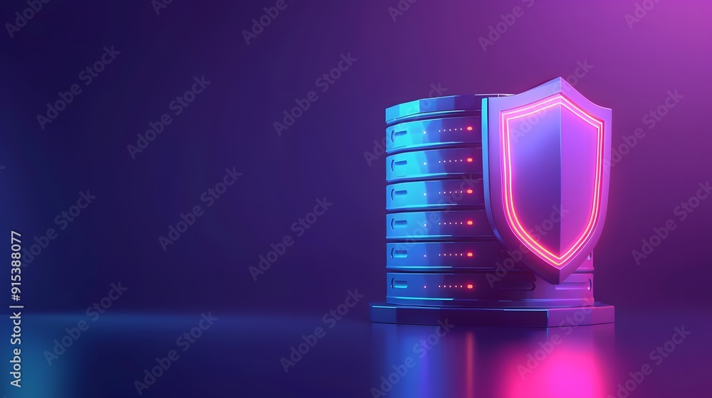 Poster cybersecurity concept with a glowing shield protecting a data server, symbolizing data protection an