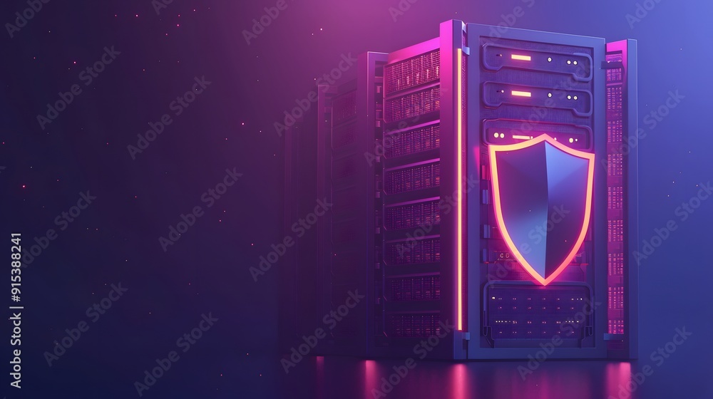 Poster cybersecurity concept with a server protected by a digital shield against cyber threats in a neon-li