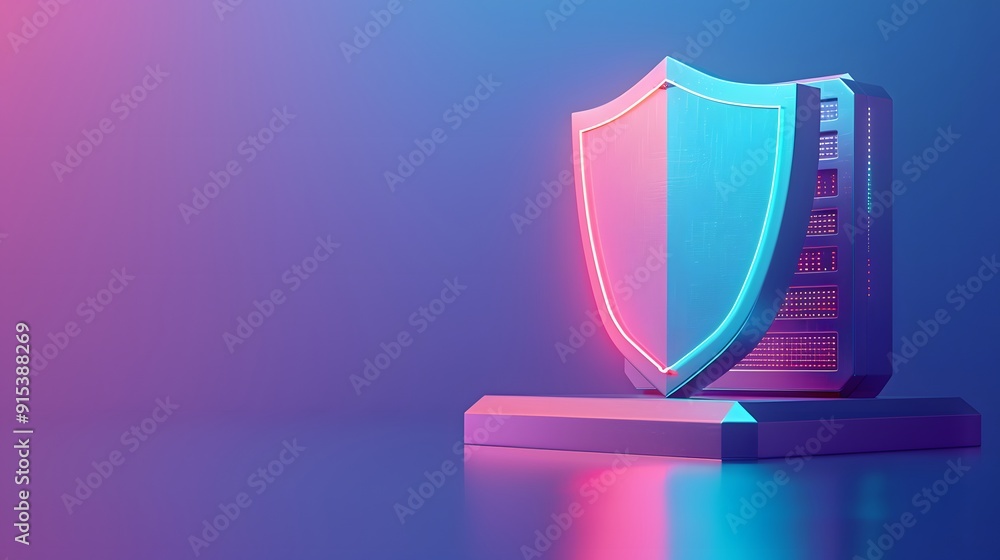 Poster cybersecurity concept with a shield and computer server illuminated by blue and pink lights, symboli