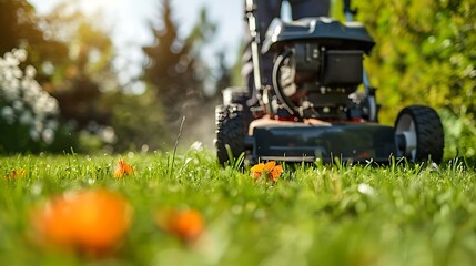 A professional landscaper using a commercial lawnmower on a well-manicured lawn, detailed view of the uniform and equipment, vibrant green grass, sunny weather, professional and efficient setting,