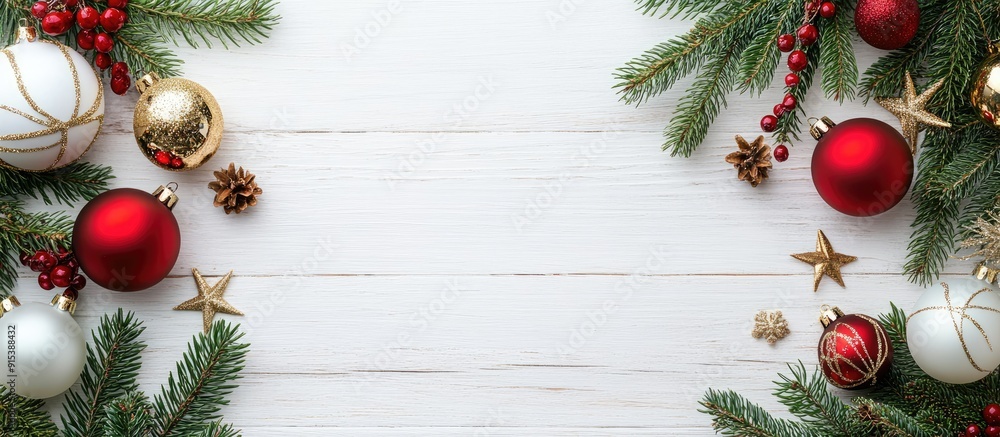 Poster christmas backdrop featuring a fir tree and decorations on a white wooden surface christmas and new 