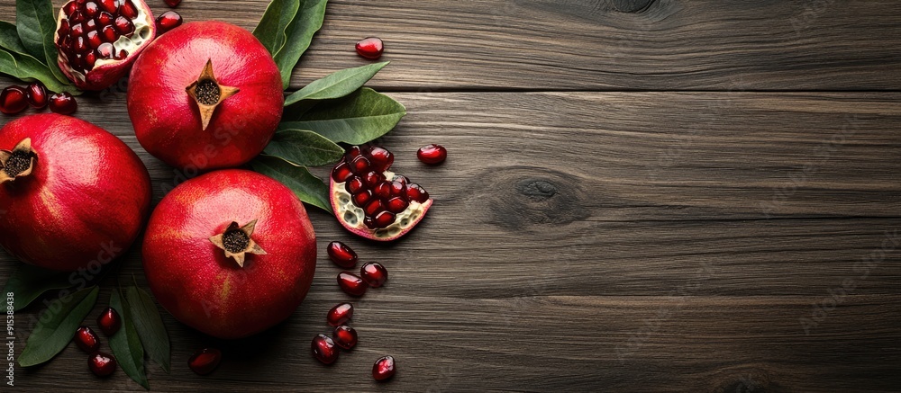 Poster still life diet and nutrition theme fresh and juicy pomegranate on a wooden table flat lay top view.
