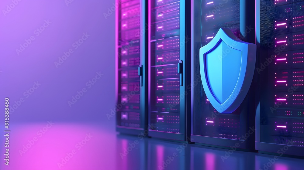 Aufkleber cybersecurity concept with a shield protecting server racks in a data center, illuminated by pink an