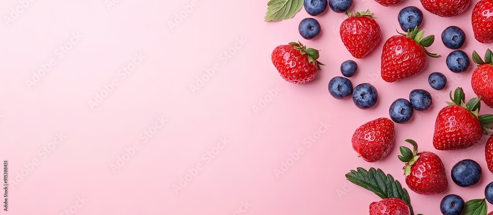 Poster strawberries and blueberries on a pink background top view. with copy space image. place for adding 