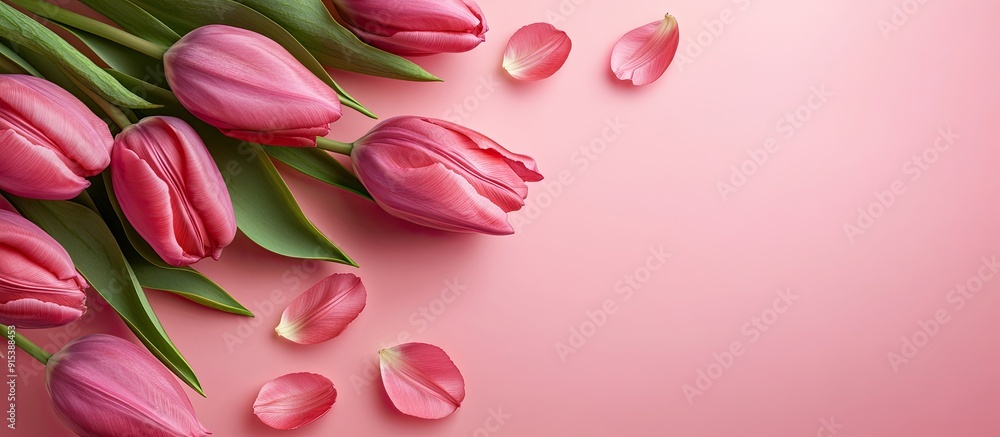 Poster pink tulip with petals set against a pink background flat lay top view valentine s romantic love eas