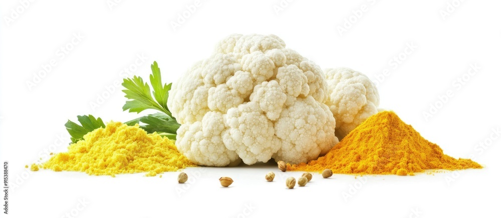 Poster cauliflower with turmeric and rice against a white background. with copy space image. place for addi