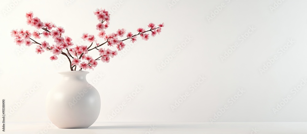 Poster Pink cherry branch in a vase on a white background with flowers. with copy space image. Place for adding text or design