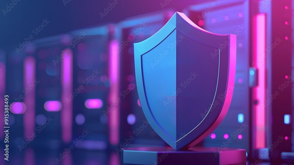 Poster cybersecurity concept with a shield symbol in front of server racks, representing data protection an