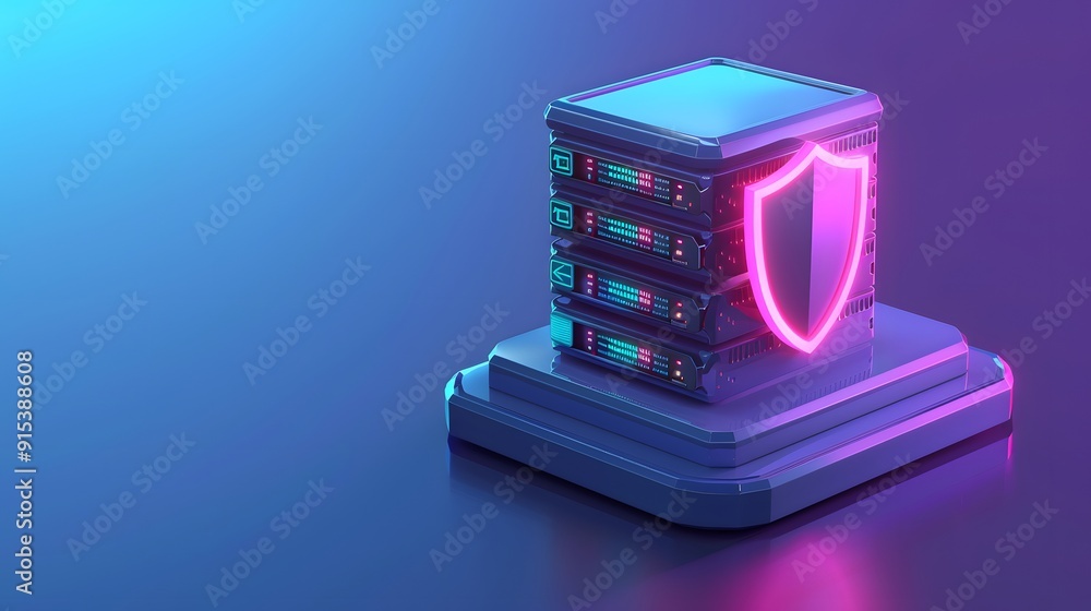 Poster cybersecurity concept with illuminated server and shield icon, representing data protection and onli
