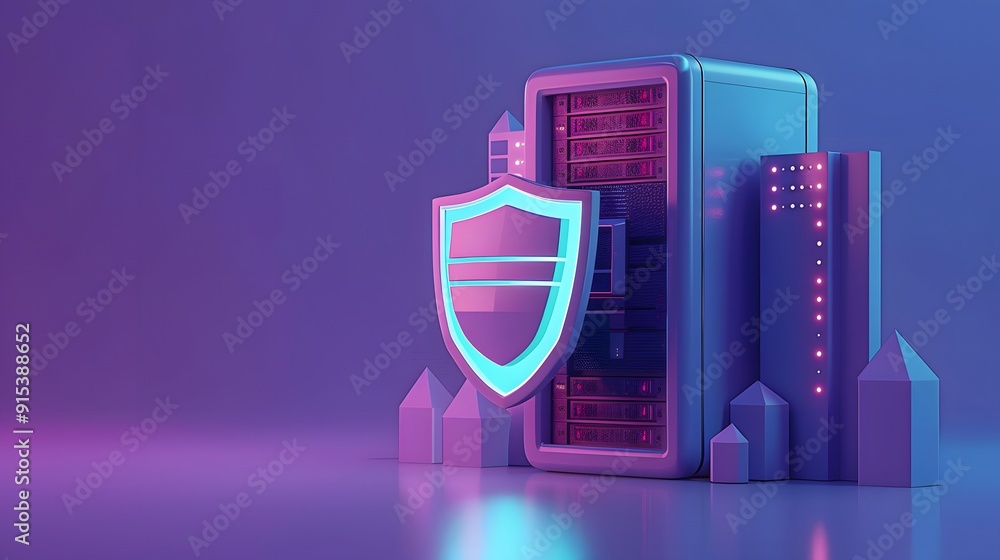 Poster cybersecurity concept with server and shield icon in a futuristic setting, highlighting data protect
