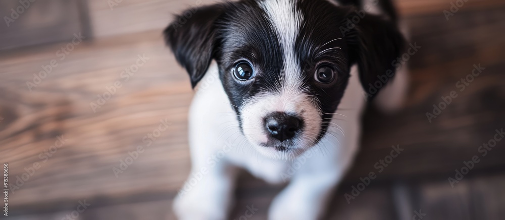 Aufkleber adorable small black and white puppy. with copy space image. Place for adding text or design