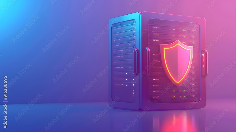 Poster cybersecurity concept with server rack and shield icon, illustrating data protection and network sec