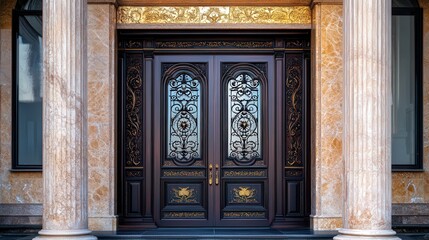 Ornate Double Doors with Intricate Carvings on a Marble Facade