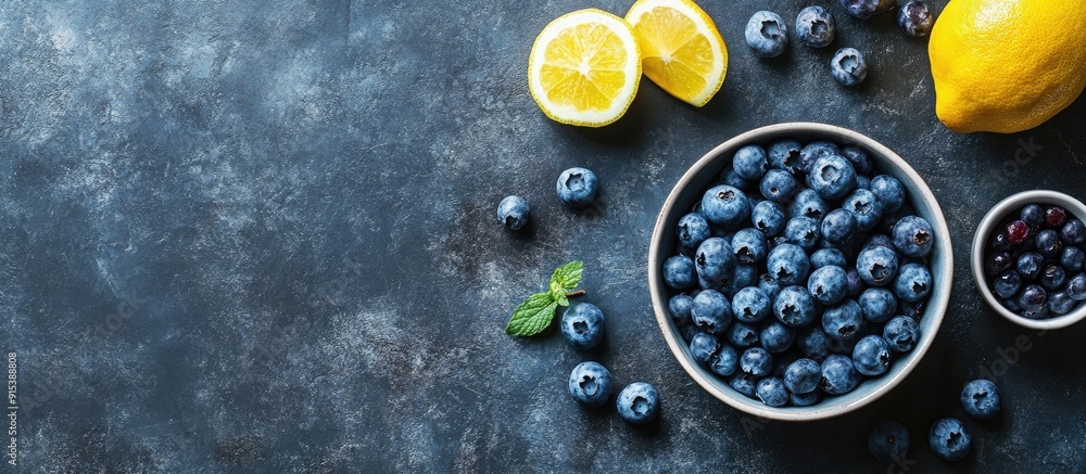 Poster ingredients for making blueberry pie seen from above overhead top view flat lay. with copy space ima