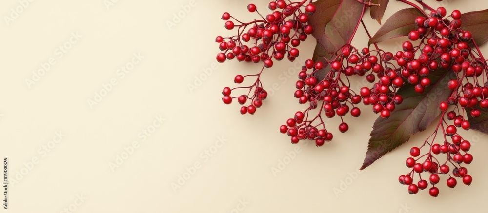 Poster Red elderberry branches with clusters of ripe berries. with copy space image. Place for adding text or design