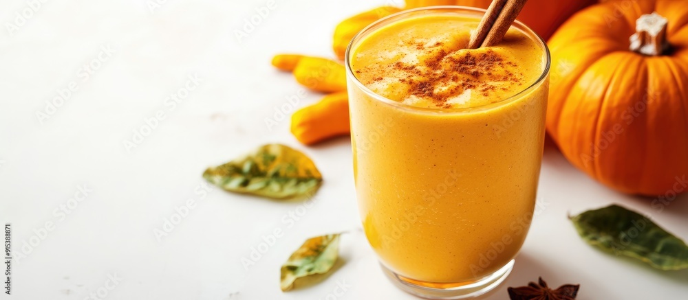 Aufkleber close up of a healthy pumpkin spice smoothie alongside pumpkins on a white background. with copy spa