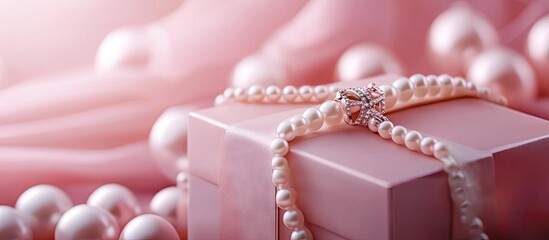 Pink gift box and pearl necklace for a wedding and holiday backdrop. with copy space image. Place for adding text or design
