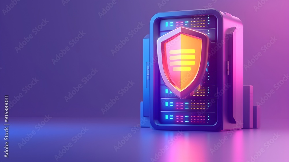 Poster cybersecurity server protection with a digital shield illustrating network security and data safety 