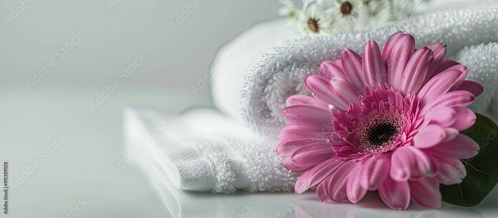 Poster spa arrangement featuring a towel and a pink flower on a white background with copy space square ima