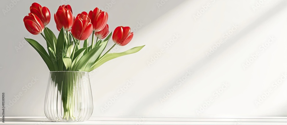Leinwandbilder red tulips in a glass vase against a background of a white wall. with copy space image. place for ad