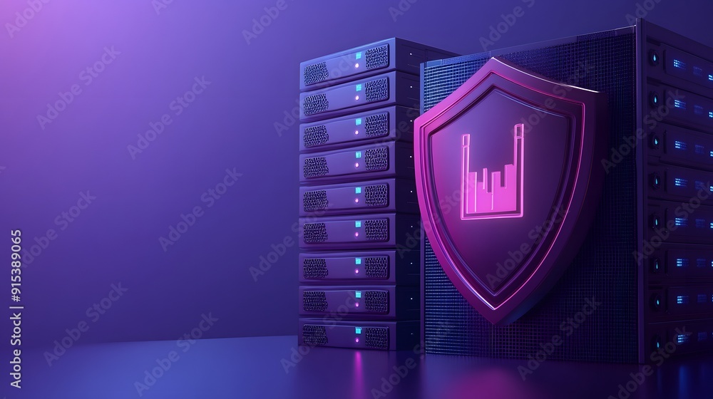Poster cybersecurity server room with glowing shield icon, data protection, and secure network technology i