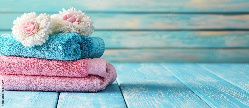 Aufkleber a pile of towels on a blue wooden surface. with copy space image. place for adding text or design