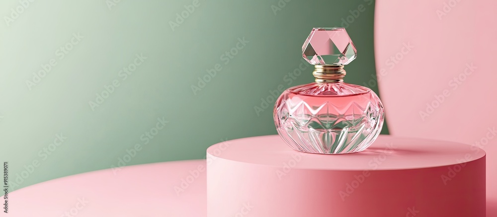 Poster crystal perfume bottle situated on a pink podium against a green background modern luxury fragrance 