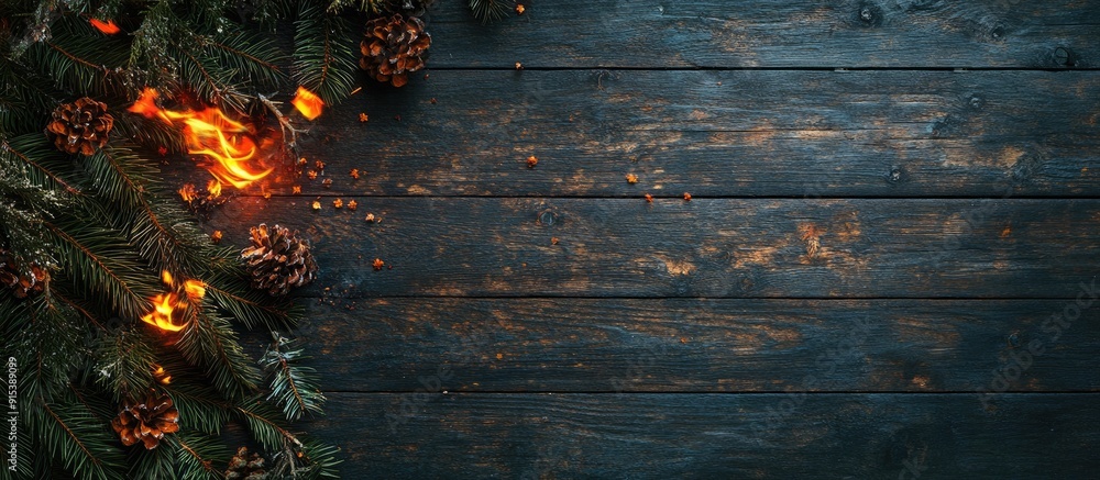Poster toned photo on a wooden surface featuring a burning garland and spruce branches. with copy space ima