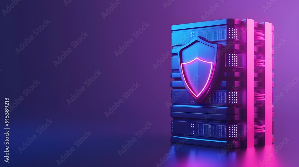 Poster cybersecurity server with shield. concept of data protection and secure storage in a futuristic digi