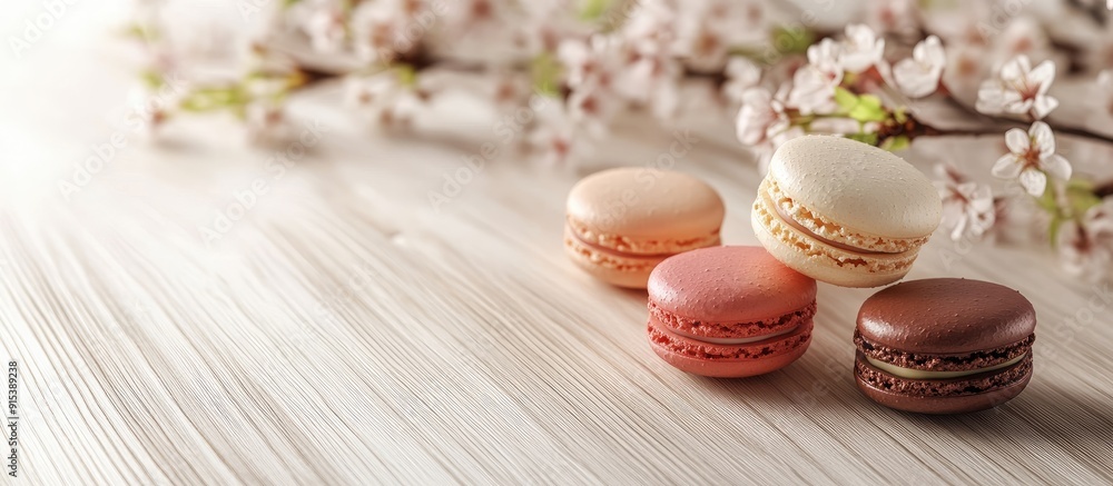 Leinwandbilder Various macaroons on a light wooden surface alongside cherry branches. with copy space image. Place for adding text or design