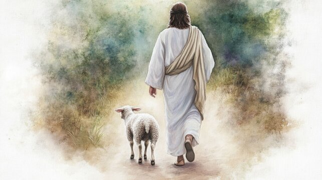 Watercolor painting of Jesus walking with lamb in a tranquil landscape. Harmoniously blending dark white, light beige and green. The scene is rendered in soft pastels and libre with a soft touch.