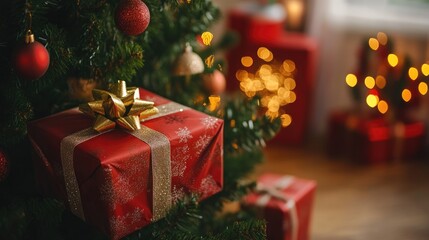 Wrapped presents under the Christmas tree, clear space for text