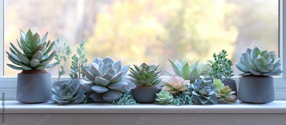 Fototapete collective arrangement of succulents on the windowsill. with copy space image. place for adding text