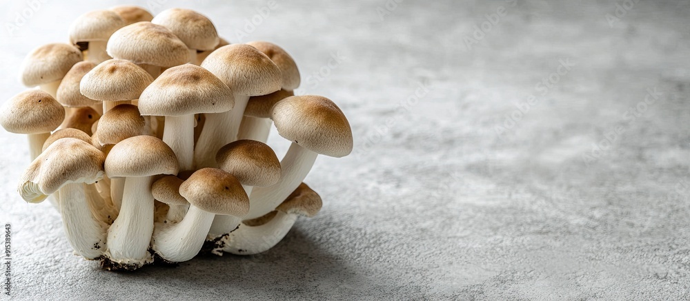 Poster Fresh brown and white shimeji mushrooms on a gray backdrop Edible mushrooms cultivated in Asia. with copy space image. Place for adding text or design