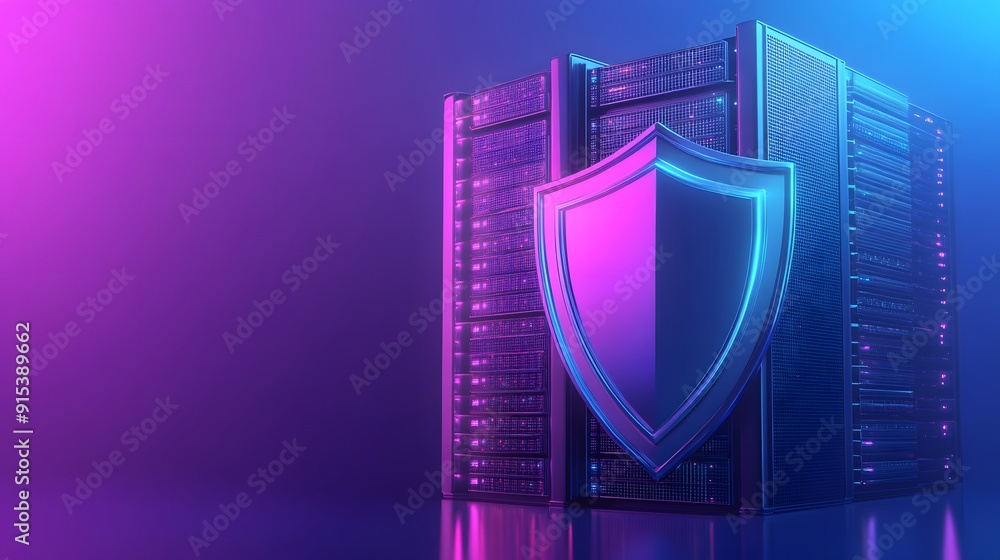 Poster data security concept showing a shield in front of a server rack with neon lighting in a dark backgr