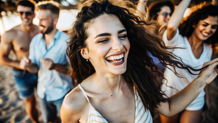Obraz premium Fiesta en la playa. Gente de en una fiesta playera. Reunicón de personas pasándolo bien. Chicas bailando en una fiesta de verano. Mujer bailando con sus amigos.