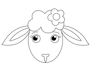 Cute muzzle of a cartoon sheep with a flower - a vector linear picture for coloring. Outline. Head of a sheep, lamb cute animal with a flower for children's coloring	