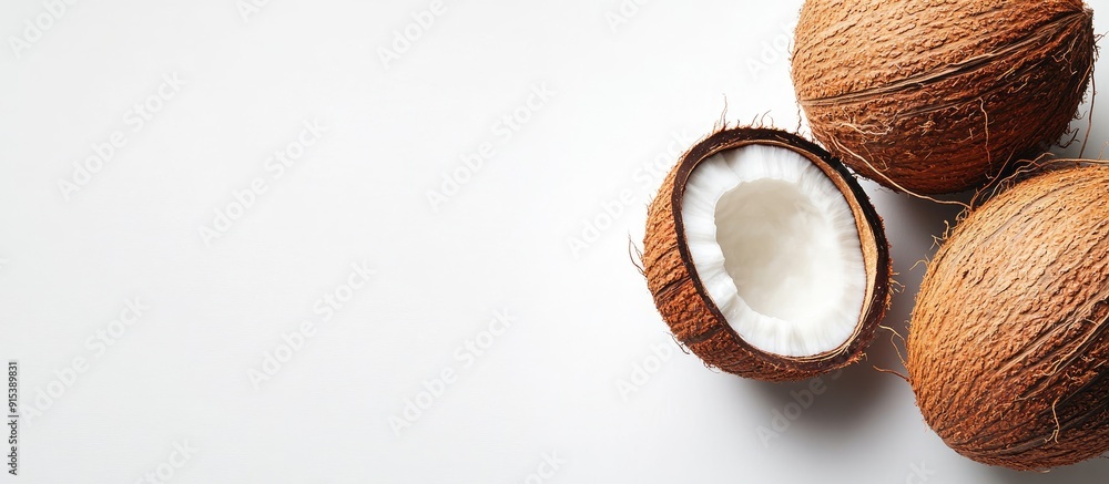 Poster close up of a coconut on a white background with copy space for your text