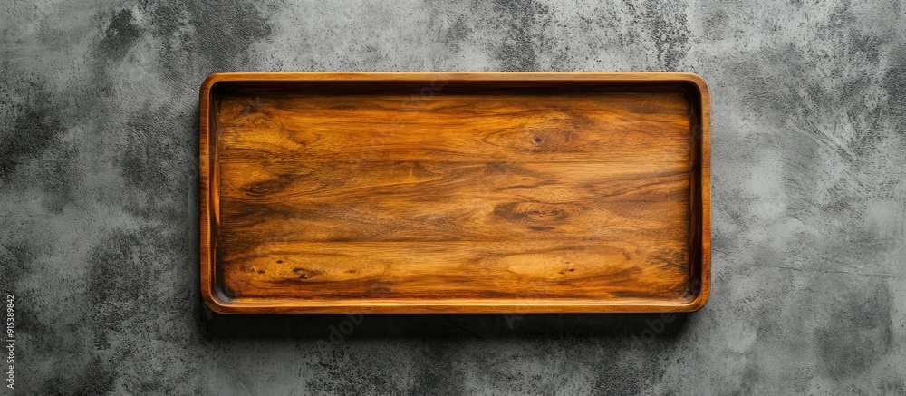 Fototapete top view of a wooden serving tray on a concrete background blank area for your design. with copy spa