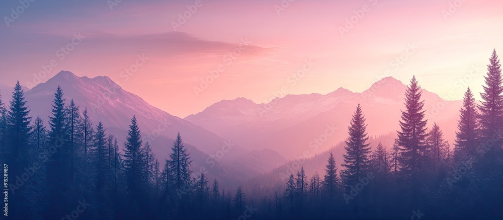 Leinwandbilder stunning wild fir and pine trees set against a beautiful sky and the outline of the mountains. with copy space image. Place for adding text or design