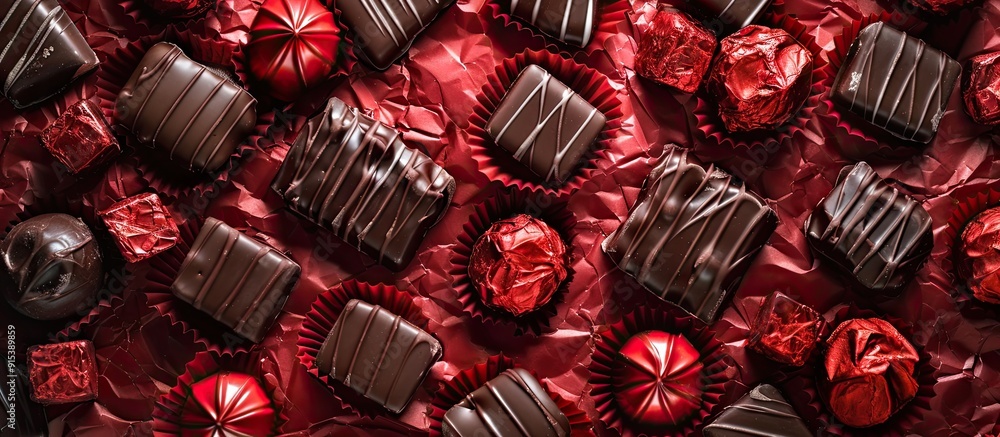 Poster close up of chocolate candies wrapped in red paper on a white background. with copy space image. pla